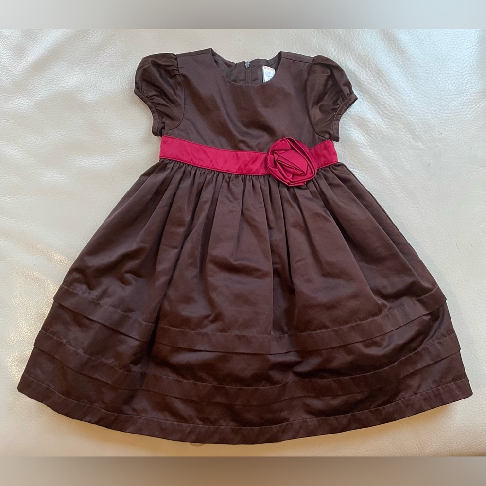 2/$30💥3 Satin Crinoline Party Dress, Chocolate Brown, Red Sash & Rosette